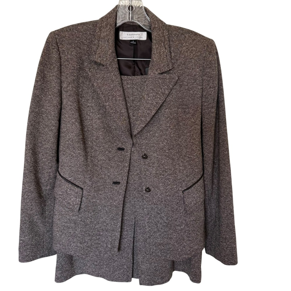 Tahari Skirt Suit Women 6 Brown Tweed Wool Silk Blend Excellent Professional